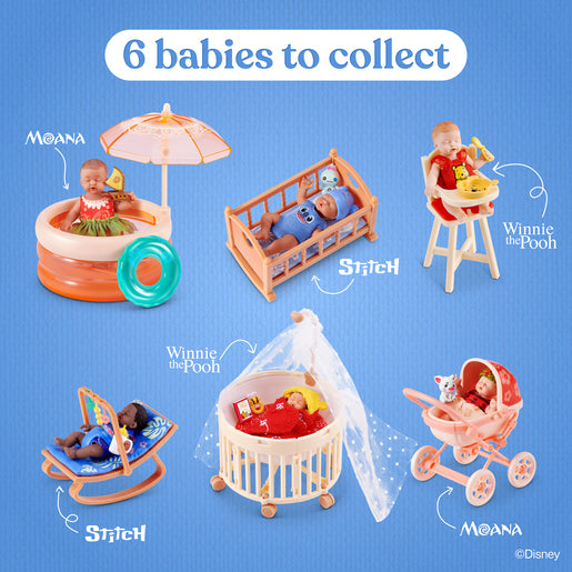Six My Mini Baby Disney sets themed around Moana, Stitch and Winnie the Pooh