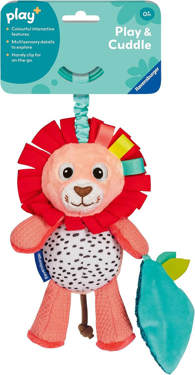 Ravensburger Play+ soft lion rattle with red mane and turquoise leaf in packaging