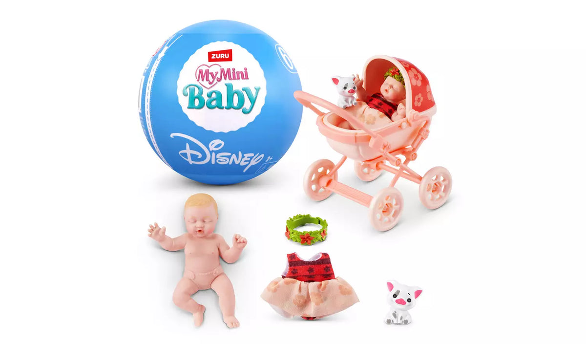 My Mini Baby Disney baby, pink pram, outfit and accessories beside blue capsule